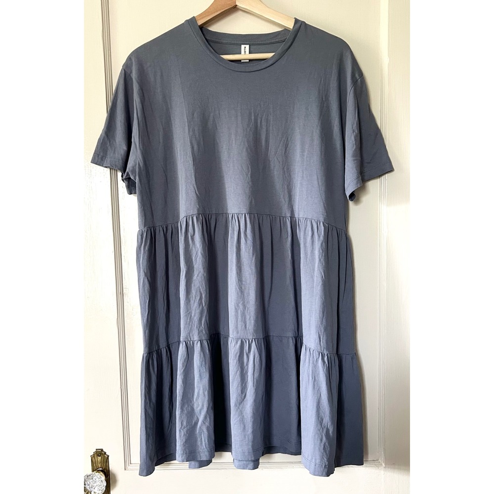 Kotn 100% Cotton Tiered Babydoll Mini Dress Purple Blue L Casual Summer